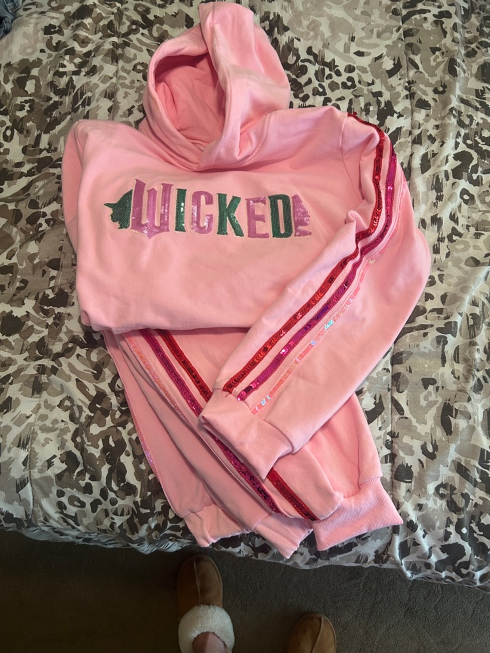 Pink 'WICKED' Hooded Sweatshirt with Sequin Stripe Details and pants set